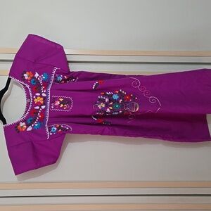 Girls Mexican Puebla Dress ~ Traditional Embroidery, Fuchsia Cotton, Size 5/6